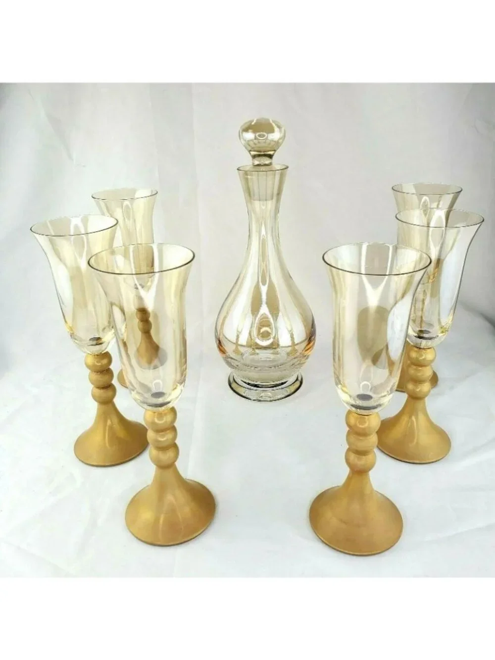 Late 20th Century Bombay Glass Decanter Set 6 Glasses Gold Frosted Stems Made in